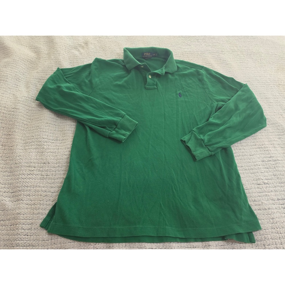 Polo Ralph Lauren Mens Green Long Sleeve Polo Shirt Custom Fit Large L Pony Logo